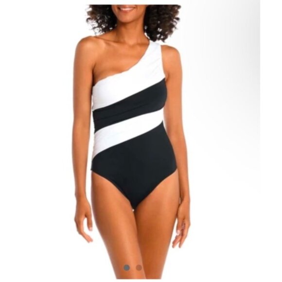 La Blanca Tummy Control Size 12 On Piece Shoulder Swimsuit NWT Black White - Picture 1 of 12